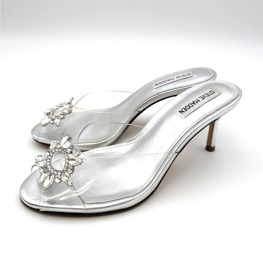 Steve Madden Reagan Heel Sandals Open Toe Women's Silver Size US7M EU37.5